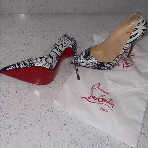 Christian Louboutin Black & White Graffiti Pointed Toe Pumps with Red Sole
